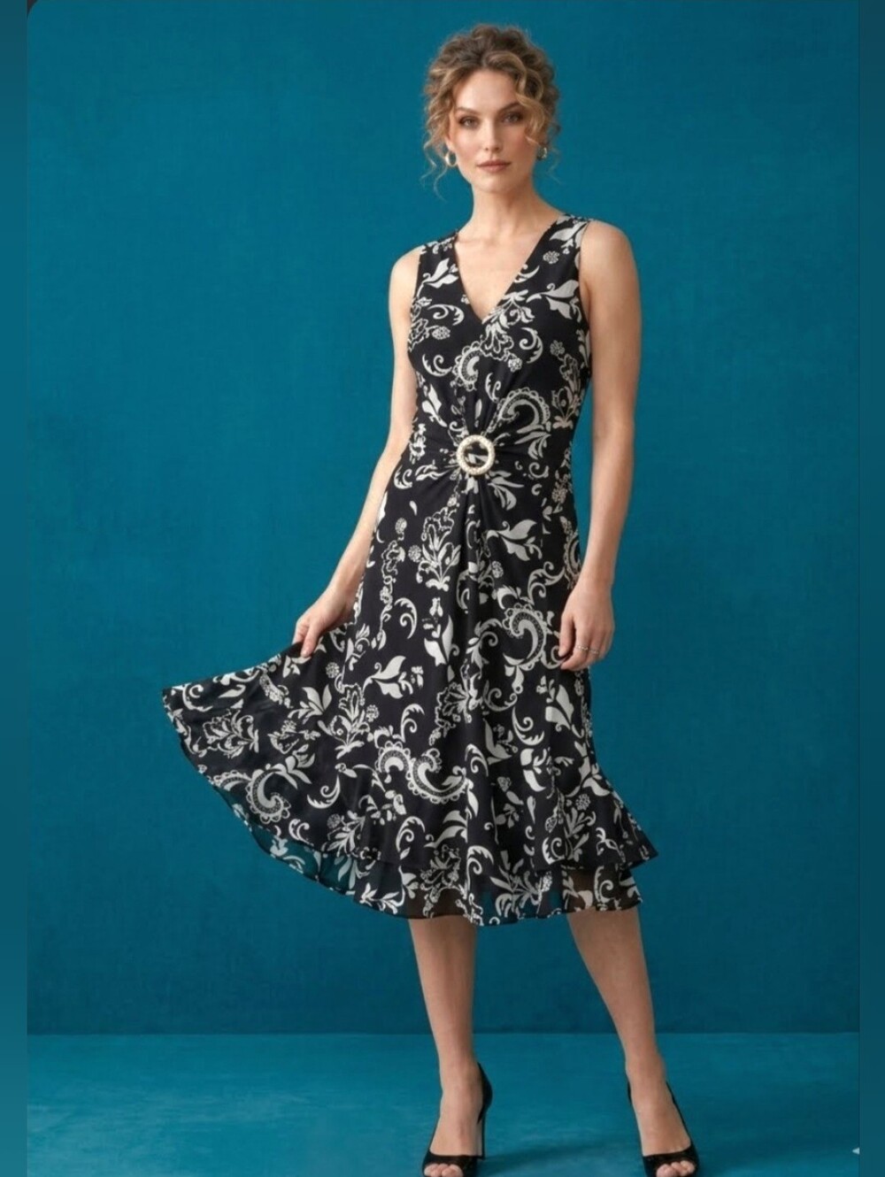 Joseph Ribkoff Floral Paisley Ring Buckle Dress Black White Flowy Ruffle Hem